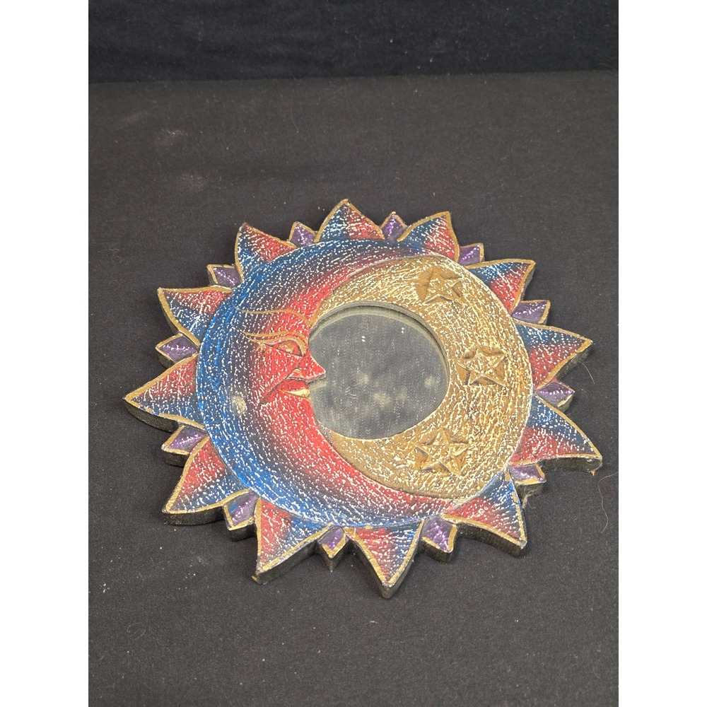 Vintage Celestial Sun Moon Wood Wall Mirror Hand Painted Boho Stars Indonesia